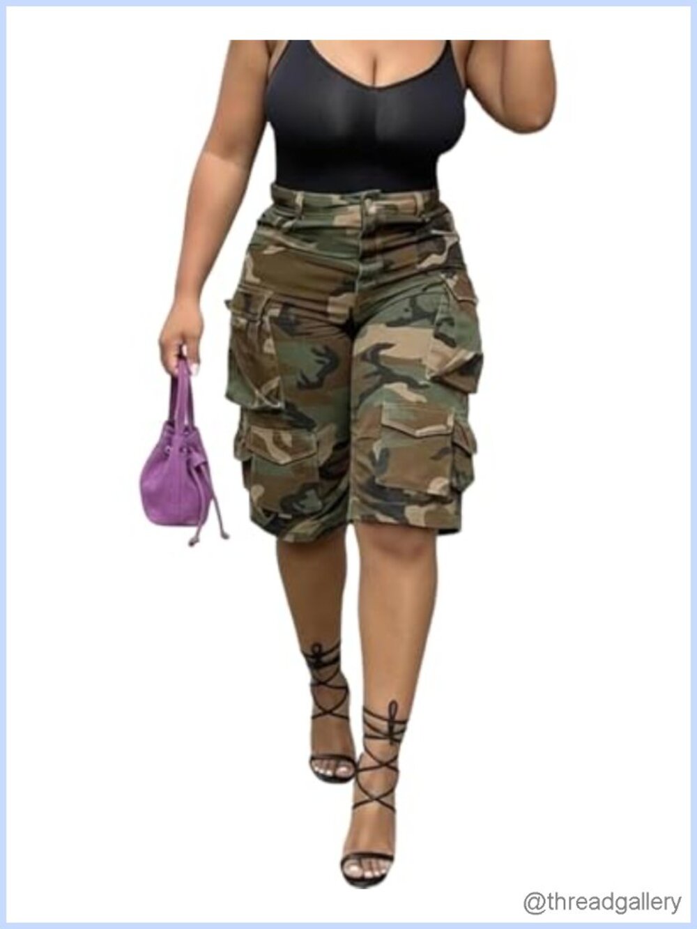 Women's Camo Cargo Bermuda Shorts High Waisted Baggy Denim Jorts